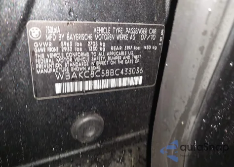 2011 BMW 750Li xDrive z USA, uszkodzony, nr VIN WBAKC8C58BC433036